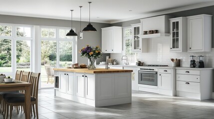 Bright kitchen island, garden view, breakfast area, modern home design, interior design