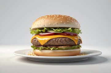 Juicy cheeseburger on a plate with sesame seeds.