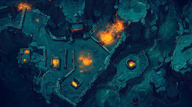 Isometric Top Down View Game Map with Glowing Orange Fires on Teal Blue Terrain at Night