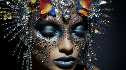 Close-up portrait of a woman with dazzling crystal makeup, gemstones, and artistic headpiece in a fantasy-inspired look