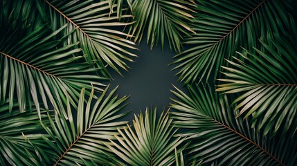 Green Palm Leaves Frame on Dark Background