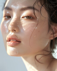 Close-up portrait of an Asian woman with glowing skin, dewy skincare look, AI-generated