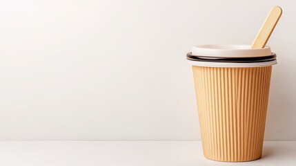Light Brown Corrugated Paper Coffee Cup On White Wooden Surface
