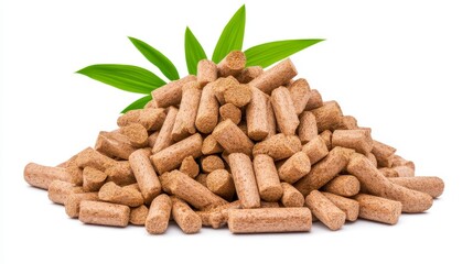 Light Brown Cylindrical Pellets with Green Leaves on White Background