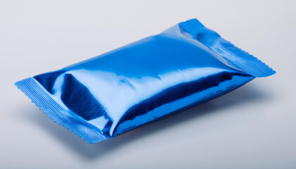 Blue iridescent resealable pouch. Foil product packaging. Mock-up for food, cosmetic. White backdrop