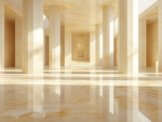Fototapeta premium Serene sunlit hall features warm golden tones reflecting on polished marble floor. AI Generated