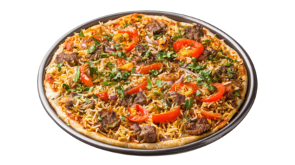 Delicious pizza topped with beef, bell peppers, and fresh herbs served on a wooden table during a family gathering
