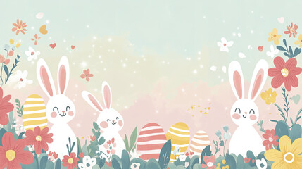 Obraz premium Whimsical Easter scene with bunnies and colorful eggs in floral setting