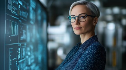 Senior data analyst with short gray hair working on futuristic screen