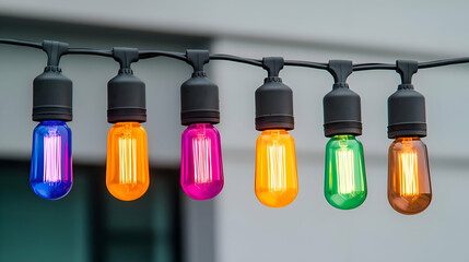 Colorful String Lights with Various Colored Bulbs Hanging Outdoors