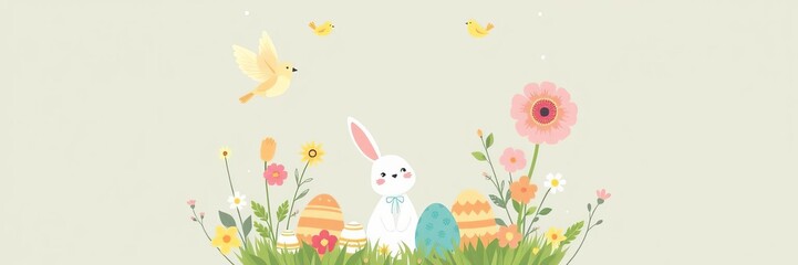 Whimsical happy Easter card design with cute bunny, eggs, birds, and flowers in vector illustration, flowers, vector illustration, card