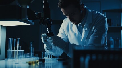 A criminal investigator analyzing DNA samples in a forensic lab. Featuring forensic DNA testing and evidence handling