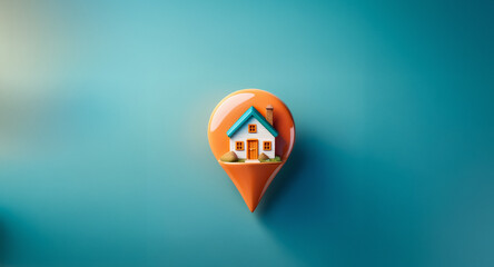 An orange location pin displays a house icon against a blue backdrop, suggesting real estate or home finding, ideal for maps or navigation themes.