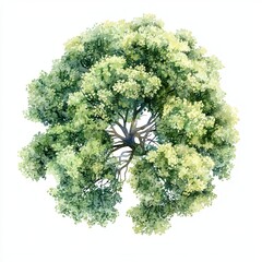 Watercolor tree top view for layout plans watercolor design, isolated on white background