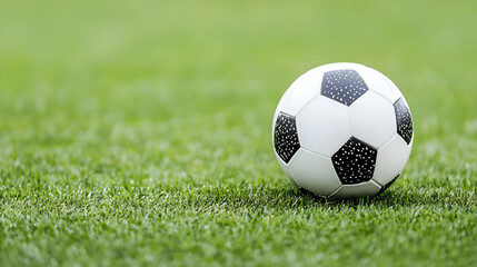 Fototapeta premium Black And White Soccer Ball On Green Grass Field