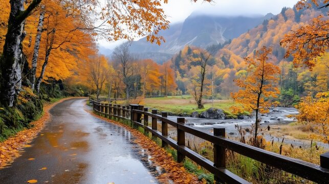 Wet asphalt road winding through vibrant autumn forest in japan - Powered by Adobe
