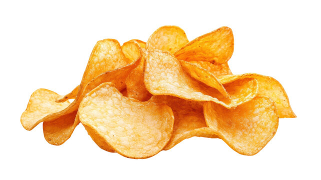 Crispy potato chips pile, golden fried snack slices isolated on transparent background PNG for packaging and advertising
