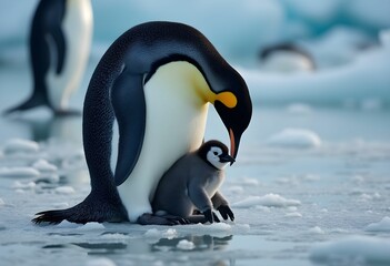 Obraz premium Penguin Mother and Chick in the Antarctic Cold