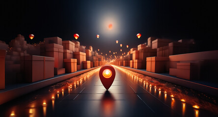 Night cityscape view with angular box-like buildings lining a street. A prominent red location pin sits in the center. Floating orange lights illuminate the futuristic scene.