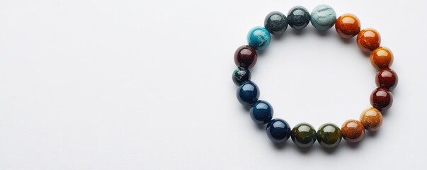 Obraz premium Natural stone bracelet with earthy tones elegantly displayed on a wooden surface, showcasing its organic beauty.