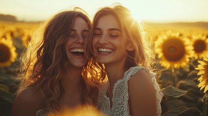 Friendship concept: Two young women, filled with joy, laugh together in a sun-drenched field of sunflowers, embodying the warmth of friendship and the beauty of nature. 