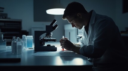A criminal investigator analyzing evidence in a forensic lab. Featuring scientific analysis and methodical investigation