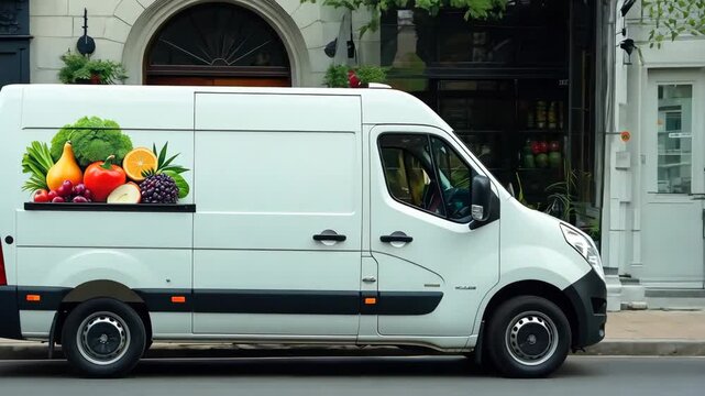 A white van with a flower design on the side. The van is parked on the street. There are several potted plants in the background