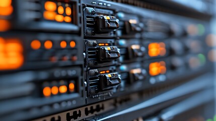 Naklejka premium Server rack, data center, technology, networking equipment, close-up