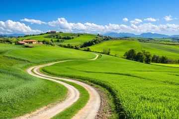 Serene Countryside Landscape: Rolling Green Hills and Winding Dirt Road under a Bright Blue Sky