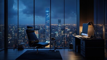 Night Cityscape View From Modern Office Chair