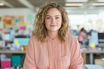 Businesswoman indoor. Woman smiling in the office. Lifestyle model. Student, teacher, worker, IT, journalist, editor