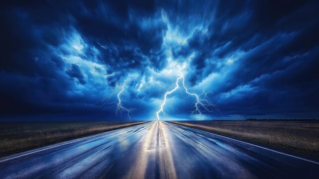 A long, wet country road stretching into the distance, illuminated by blinding flashes of white-blue lightning.