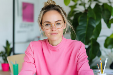 Businesswoman indoor. Woman smiling in the office. Lifestyle model. Student, teacher, worker, IT, journalist, editor