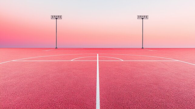 Bright Pink Outdoor Basketball Court with Floodlights at Dusk - Powered by Adobe