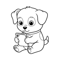 Fototapeta premium Cute cartoon dog coloring page holding a phone.