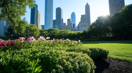 Fototapeta premium Urban park scene, city skyline, morning light, flowers