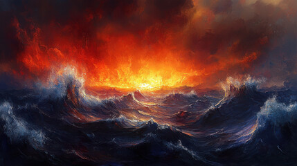 Fototapeta premium A raging sea with colossal waves colliding, reflecting the fiery hues of a burning sky