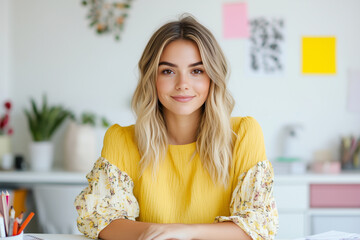 Businesswoman indoor. Woman smiling in the office. Lifestyle model. Student, teacher, worker, IT, journalist, editor