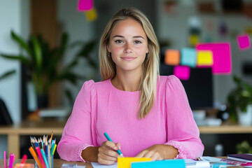 Businesswoman indoor. Woman smiling in the office. Lifestyle model. Student, teacher, worker, IT, journalist, editor