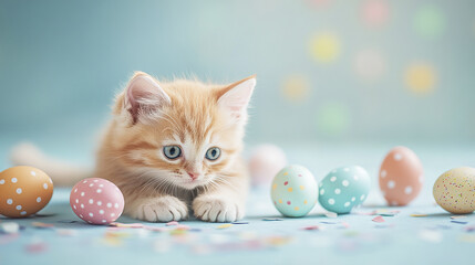 Curious kitten lying next to pastel colored Easter eggs