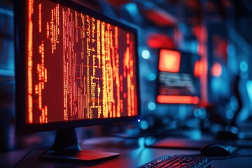 Computer Monitor Showing Lines Of Code In A Dark Room
