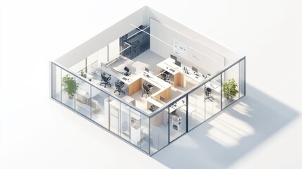 A modern office layout featuring glass walls, organized workspaces, and greenery, promoting a bright and collaborative work environment.