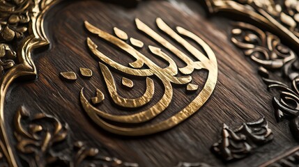 Golden Eid calligraphy on decorative wooden plaque showcasing intricate craftsmanship. Generative AI