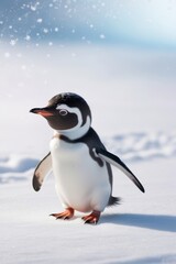 Obraz premium little penguin walk on the snow with a blue sky background