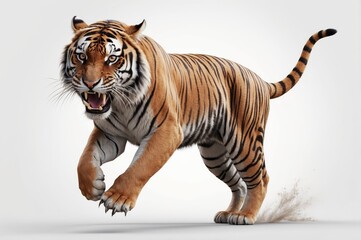 Obraz premium Powerful tiger running, snarling, isolated on white.