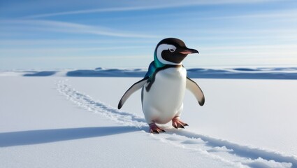Fototapeta premium little penguin walk on the snow with a blue sky background