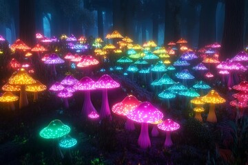 Vibrant bioluminescent mushrooms illuminate a mystical forest pathway during twilight hours