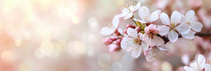Beautiful pink cherry blossoms in soft spring light, creating serene atmosphere