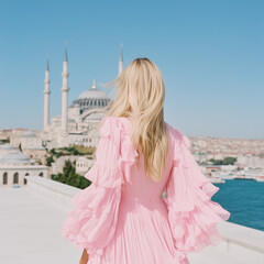 Woman in the city. Istanbul Turkiye (Turkey). Blond and pink. Travel, holiday, vacation, summer