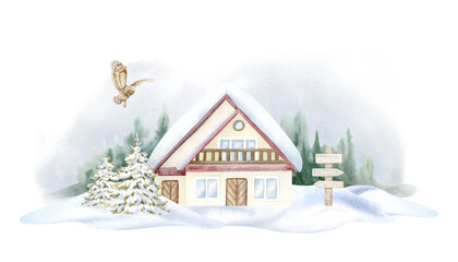 Winter landscape with chalet house, Christmas trees in snow, fir forest and flying owl watercolor illustration isolated on white. Vintage horizontal tourist composition with wooden lodge building